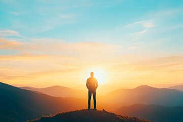 Lone figure silhouetted against beautiful sunset mountain landscape