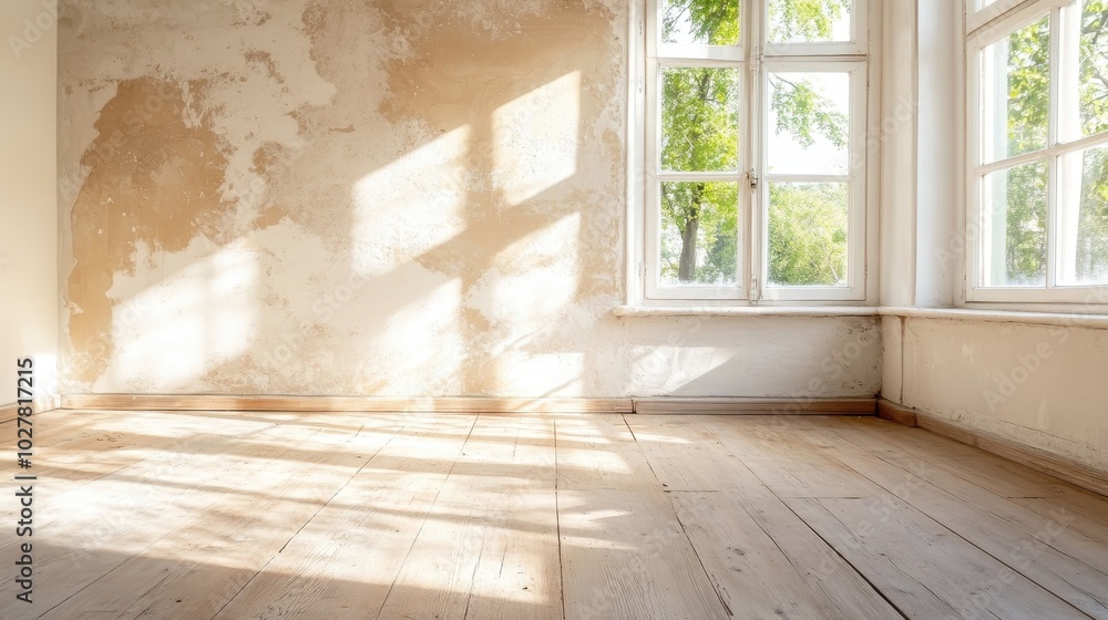 Poster a rustic empty room featuring sunlight filtering beautifully through large windows, creating intrica