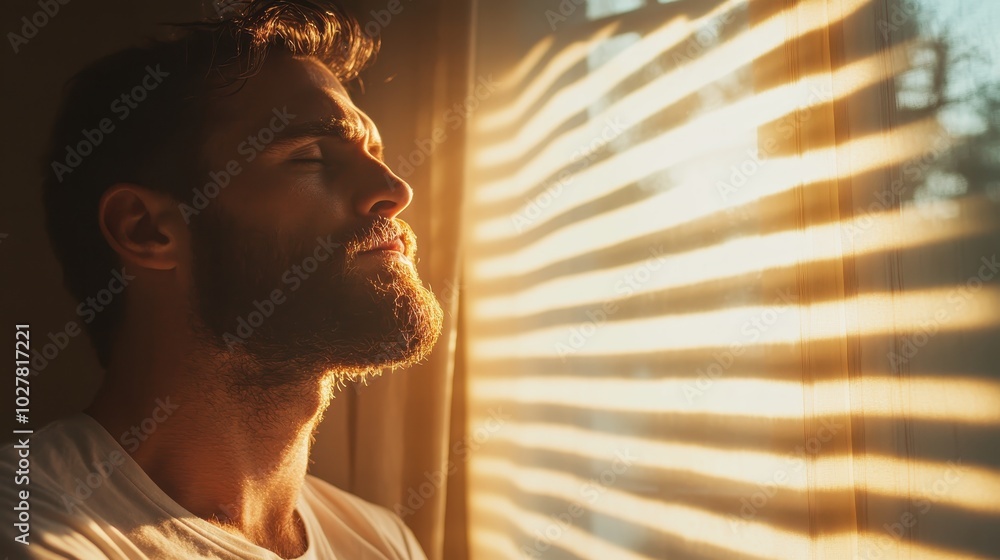 Poster a bearded man enjoys the soft glow of morning sunlight filtering through a window, creating a peacef