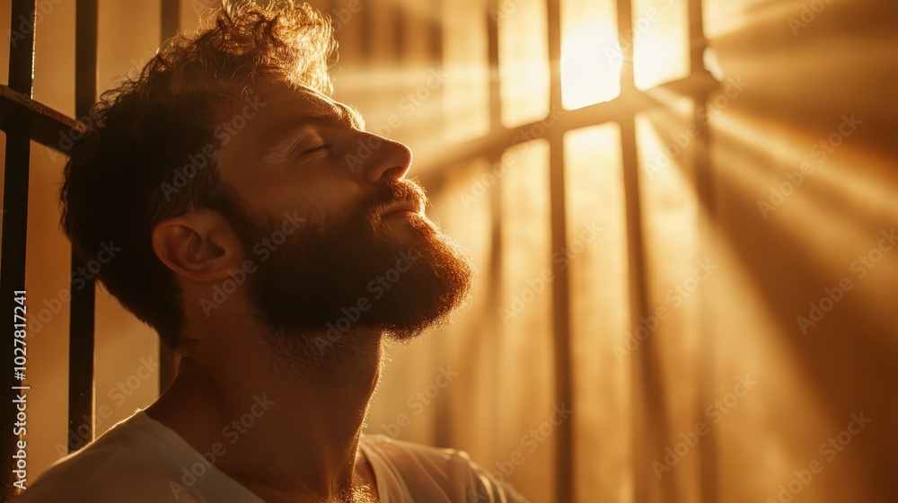 Poster this image shows a man finding calm within sunlight streaming through barred windows, highlighting t