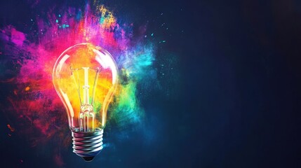Lightbulb with a burst of radiant colors and wide blank area for text