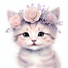 little kitten with pink rose