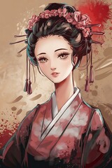 An anime-style medium shot portrait of a woman with Asian features wearing traditional attire. She has her hair in an elaborate updo decorated with flowers and tassels