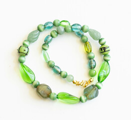 Colorful Glass Bead Necklace – Boho Style Jewelry Flatlay on White Background