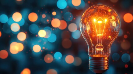 Lightbulb with a glowing abstract background and wide space for text overlay