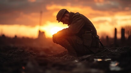 In a dimly lit battlefield, the silhouette of a soldier kneels gracefully at sunset, symbolizing enduring courage, hardship, and contemplation in vintage style.