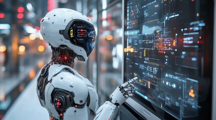 A humanoid robot interacting with a digital interface in a futuristic environment.