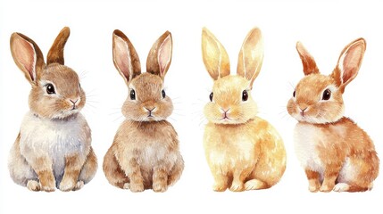 Obraz premium Four adorable bunnies sit in a line, fluffy and alert, each with unique brown, gold, and cream fur shades.