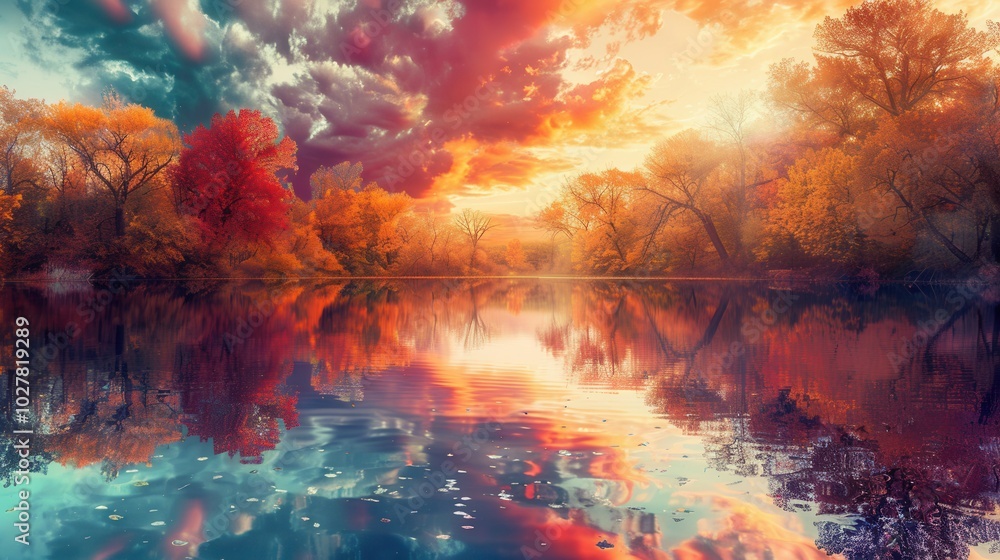 Poster the sky glows with autumn hues as the sun sets, casting colorful reflections on the serene water, su