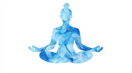 A serene silhouette of a woman in a meditative pose filled with blue watercolor texture, symbolizing calmness and tranquility.