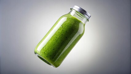Extreme close-up isolated of flying green smoothie bottles