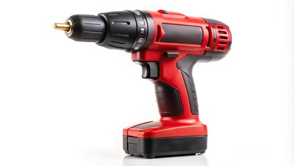 Extreme close-up of red and black plastic cordless battery operated electric screwdriver over white background