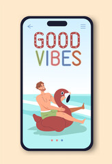 Summer vacation mobile application. Man at sea or ocean. Holiday and vacation in tropical countries. Poster or banner for website. Flat vector illustration