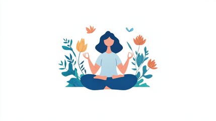 A calm woman meditates in nature, surrounded by colorful flowers, promoting tranquility and mindfulness.