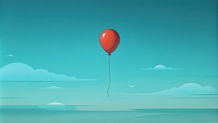 Single Red Balloon Floating in a Blue Sky with White Clouds