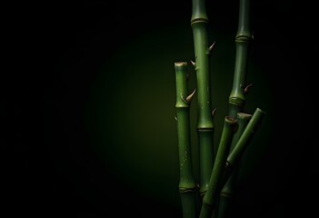 a cluster of three bamboo stalks with varying heights isolated on a black background, highlighting...