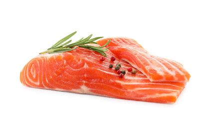 Pieces of fresh salmon, peppercorns and rosemary isolated on white