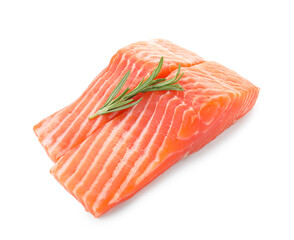 Pieces of fresh salmon and rosemary isolated on white