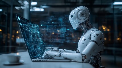Fototapeta premium A humanoid robot typing on a laptop, surrounded by digital data visuals.