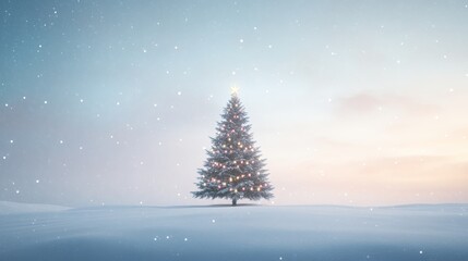 Lone Christmas tree in a snow-covered landscape with glowing lights and a pastel sky. Perfect for peaceful holiday greeting cards.