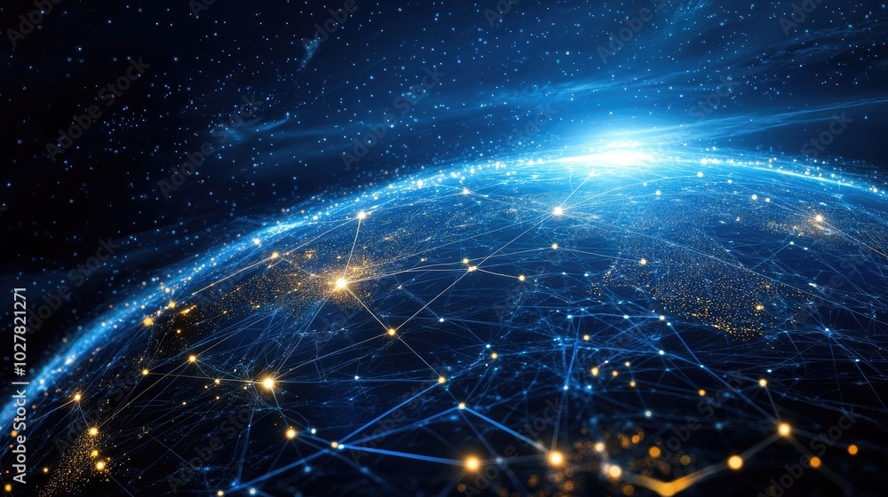Poster modern digital globe with glowing network lines and data points, illustrating seamless global connec