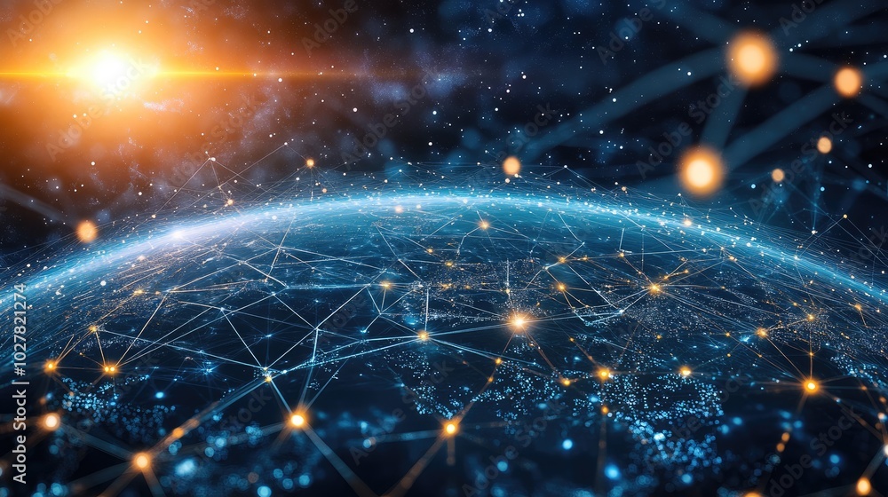 Poster modern digital globe with glowing network lines and data points, illustrating seamless global connec
