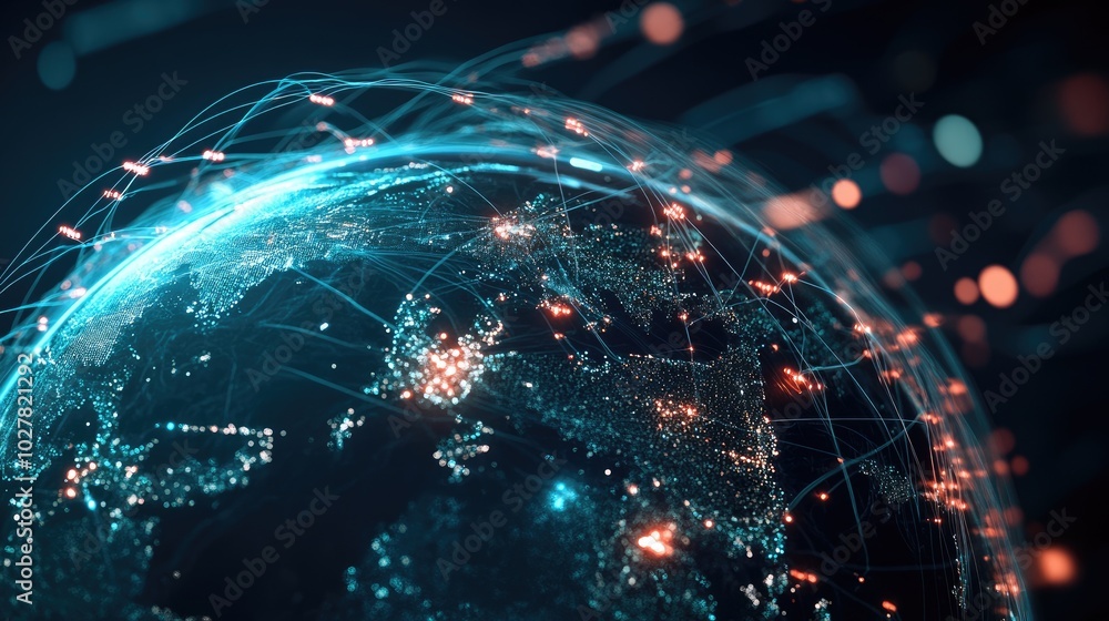 Poster modern global network visualization with a 3d earth and glowing lines representing seamless data con