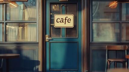 A teal cafe door with a cafe sign, with a wooden table and chair outside.