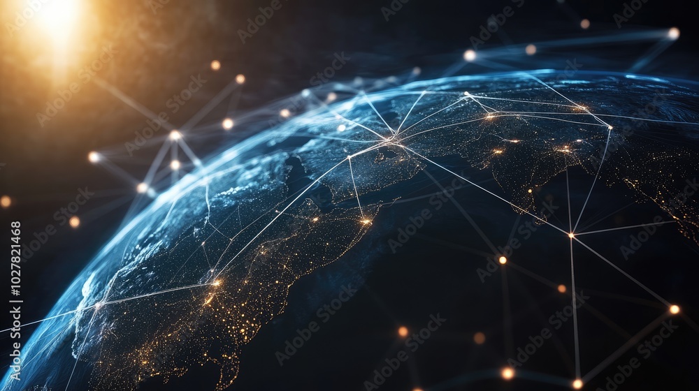 Poster modern global network visualization with a 3d earth and glowing lines representing seamless data con