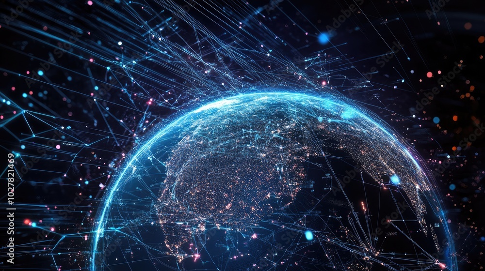 Poster modern global network visualization with a 3d earth and glowing lines representing seamless data con