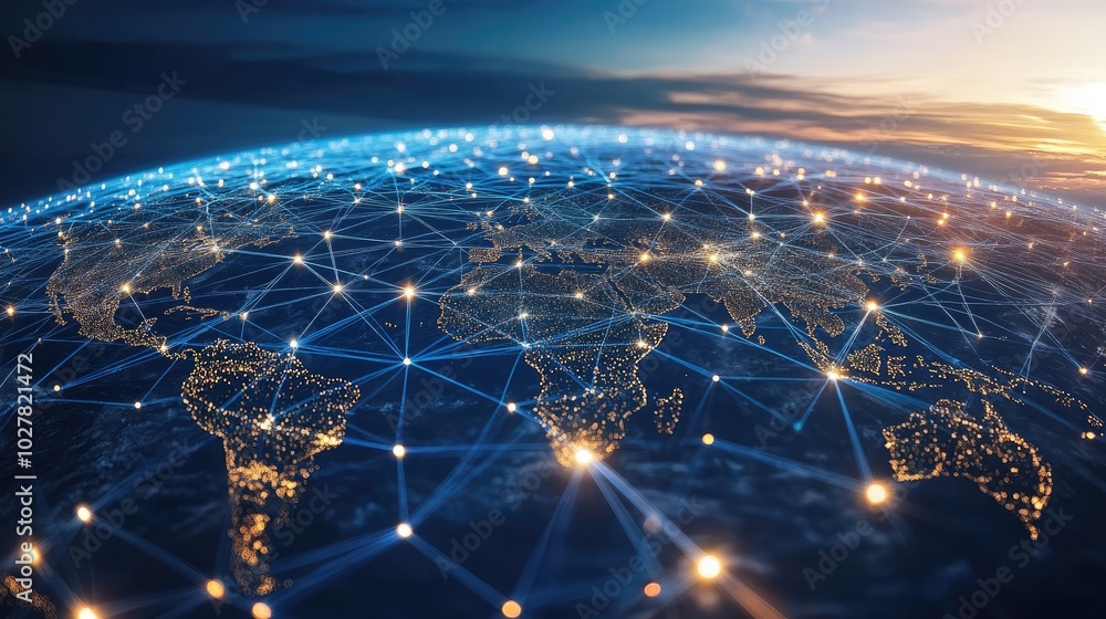 Poster modern global network visualization with animated digital connections and bright nodes on a 3d earth