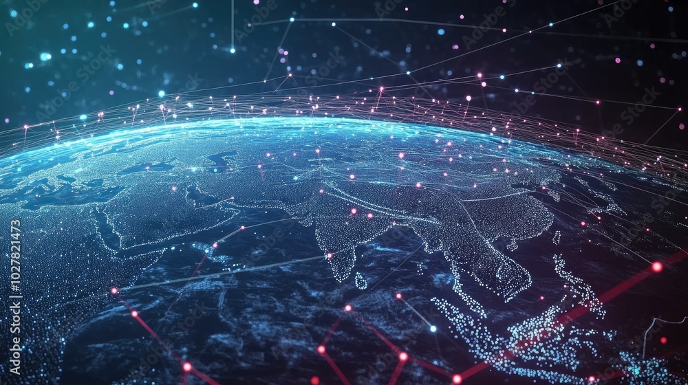 Poster modern global network visualization with animated digital connections and bright nodes on a 3d earth