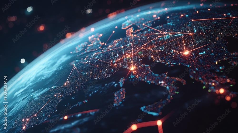 Poster modern global network visualization with animated digital connections and bright nodes on a 3d earth