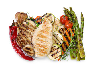 Delicious grilled vegetables and chicken breast isolated on white, top view