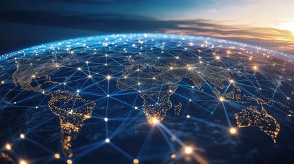 Modern global network visualization with animated digital connections and bright nodes on a 3D earth model