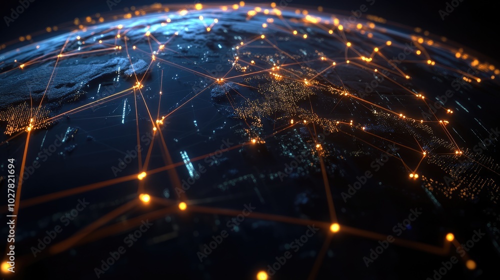 Poster modern global network with illuminated lines and nodes, creating a detailed map of interconnected re