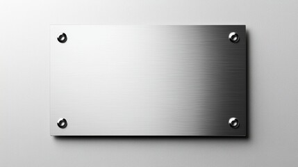 Rectangular stainless steel plate with a brushed texture and rivets, isolated on a metallic surface, perfect for industrial or signage use