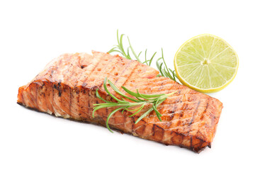 Delicious grilled salmon fillet with lime and rosemary isolated on white