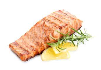 Delicious grilled salmon fillet with lemon and rosemary isolated on white
