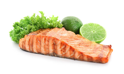 Delicious grilled salmon fillet with lime and lettuce isolated on white