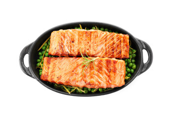 Delicious grilled salmon fillets with rosemary and green peas in baking dish isolated on white, top view