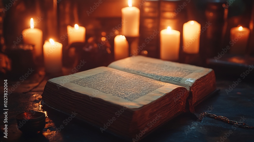 Aufkleber ancient open book with illuminated pages surrounded by candlelight in a dimly lit room creating a my