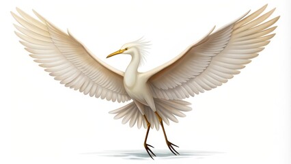 A white egret with its wings spread wide, perched on its long legs, against a white background.