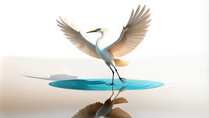 Obraz premium A White Egret With Wings Spread Stands on a Blue Pool