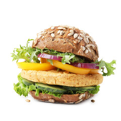 Delicious vegan burger with chickpea cutlet isolated on white