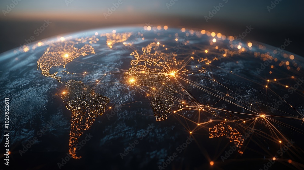 Poster modern representation of a global network with illuminated connections spanning across a 3d earth mo