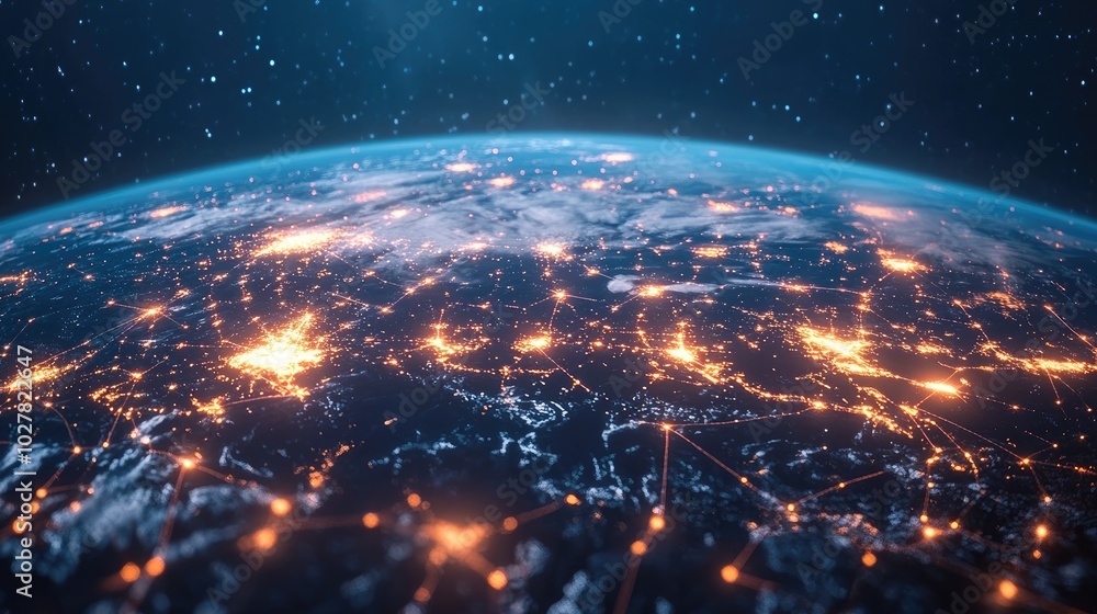 Poster modern representation of a global network with illuminated connections spanning across a 3d earth mo