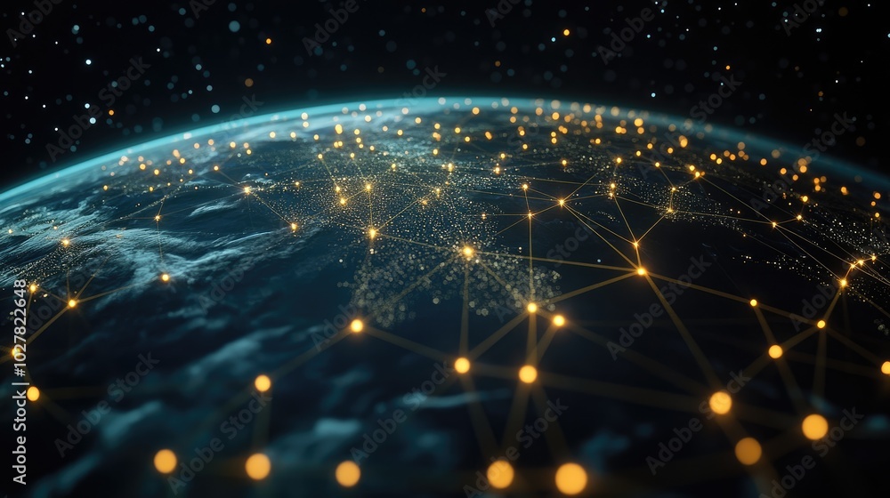 Poster modern representation of a global network with illuminated connections spanning across a 3d earth mo