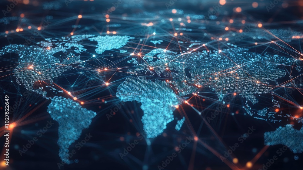 Poster modern representation of global connectivity with dynamic network lines and nodes forming an interac