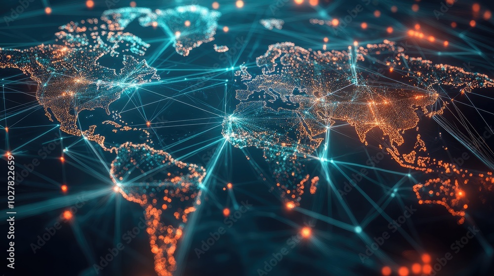 Poster modern representation of global connectivity with dynamic network lines and nodes forming an interac